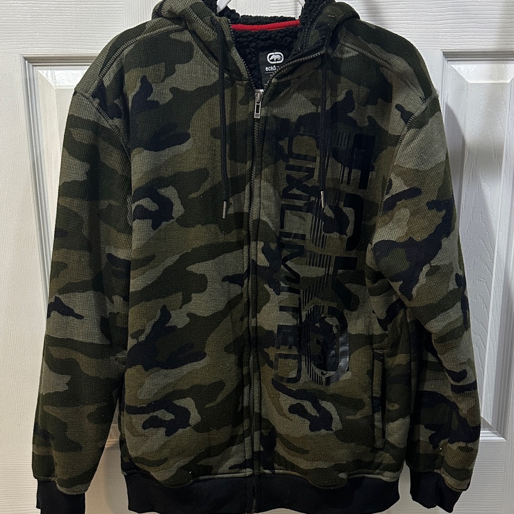 Ecko Unltd Hoodie Mens L Camo Sherpa Lined Full Zip Streetwear Jacket Y2K Heavy